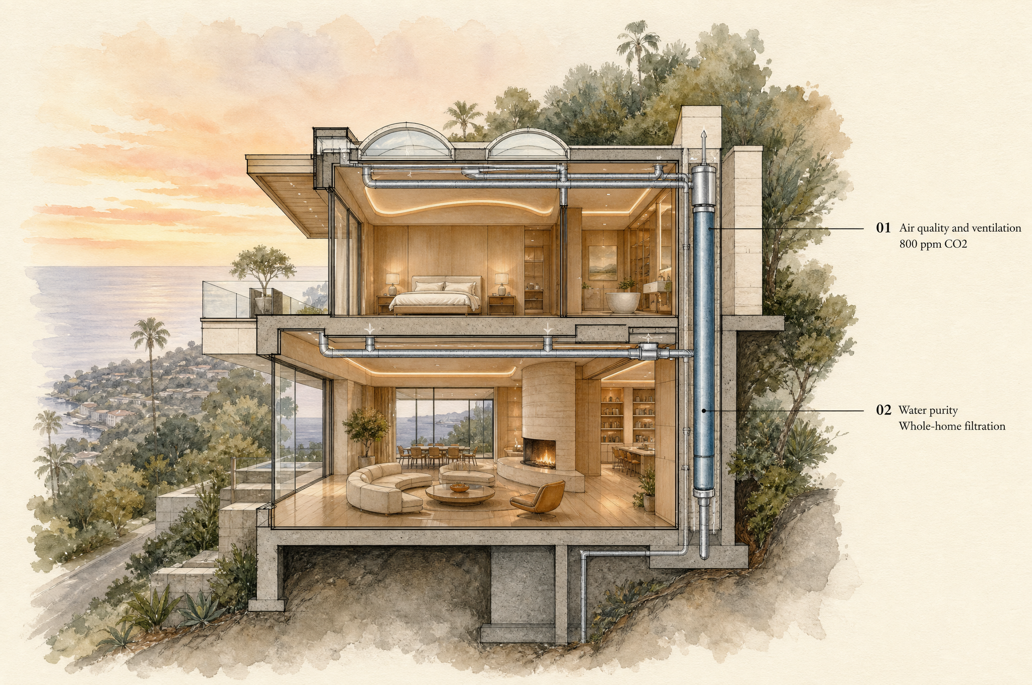 Watercolour cross-section of a real Pacific Palisades cliffside residence showing ventilation and whole-home water filtration.