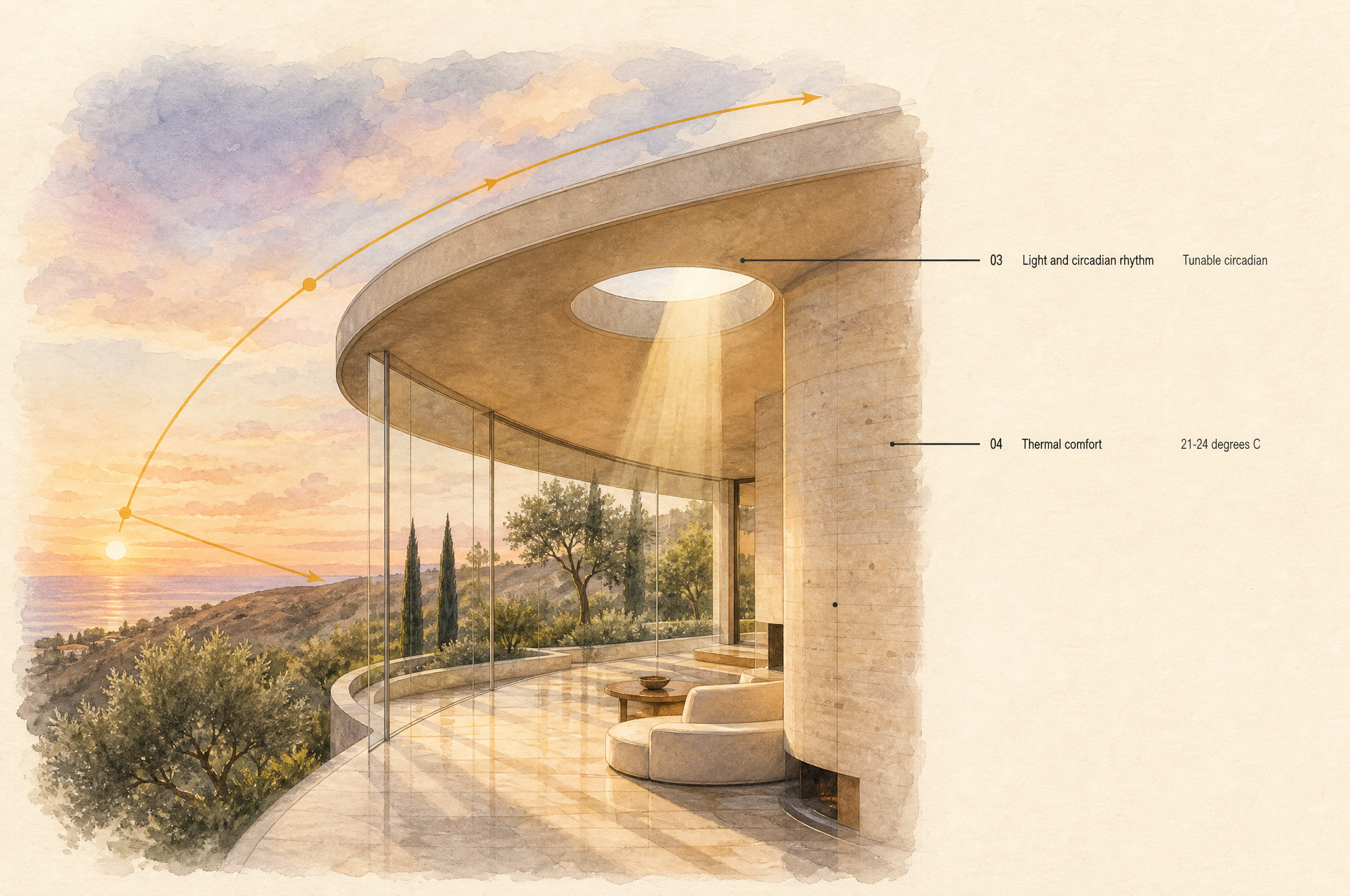 Watercolour illustration of a south-facing great room with circular skylight and circadian sun-path annotations.