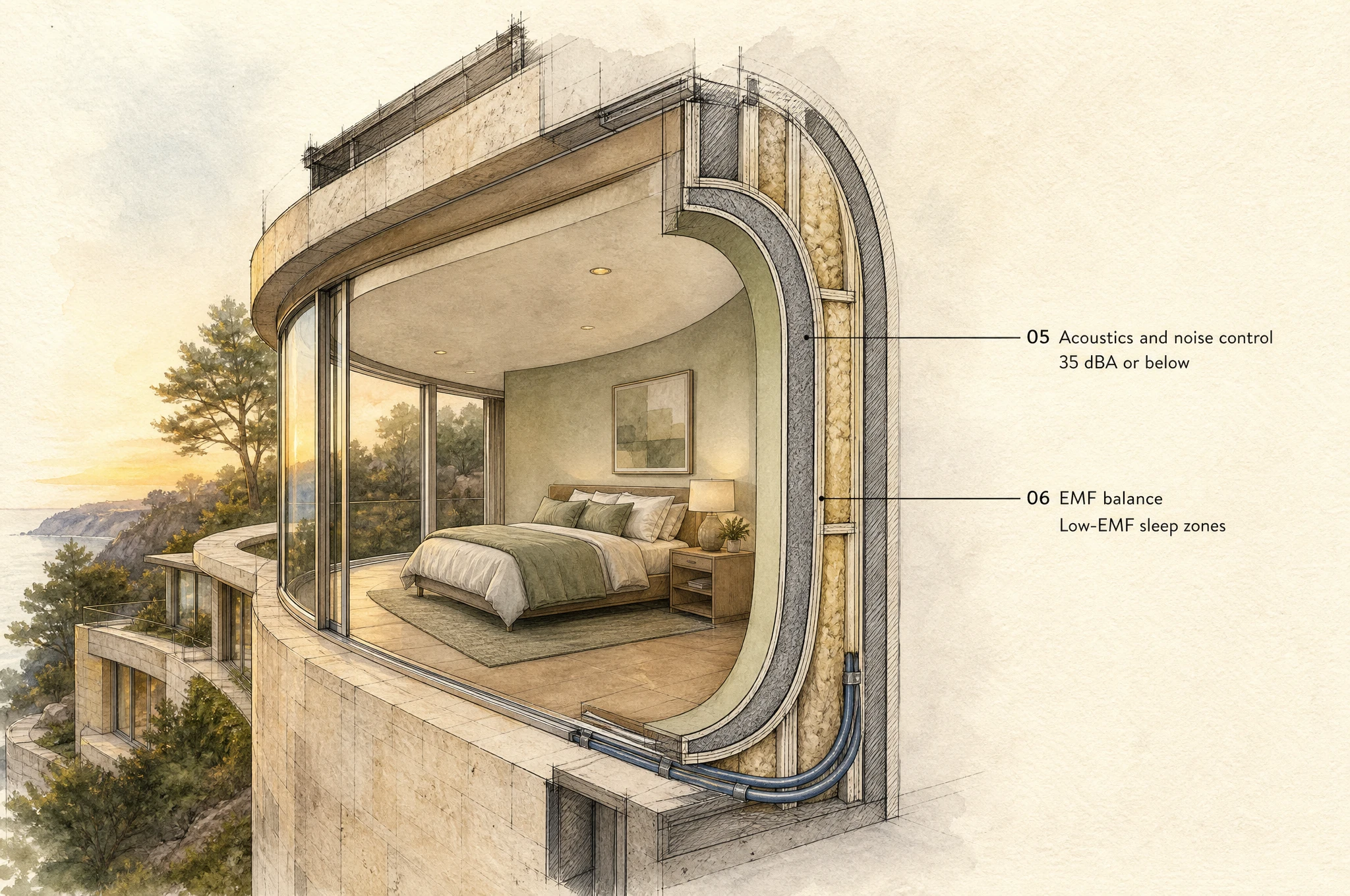 Watercolor wall-section showing acoustic insulation layers and hardwired Ethernet conduits.