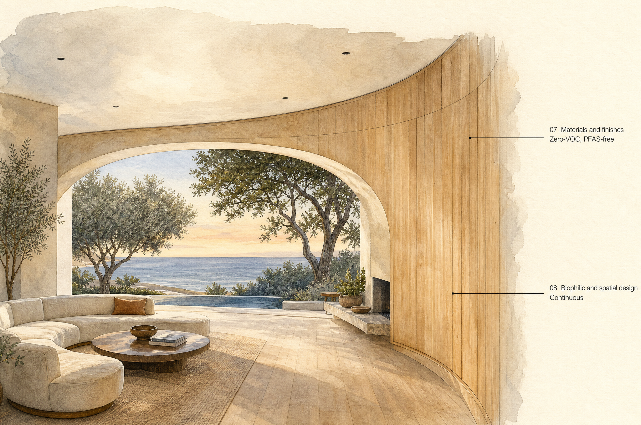 Watercolour interior with arched opening framing a Pacific Ocean canyon view and finish annotations.