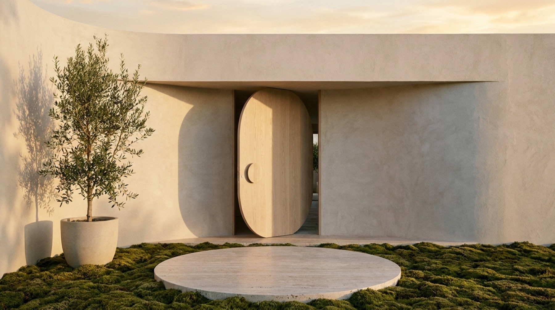A cliff residence with a still reflecting pool at first mist