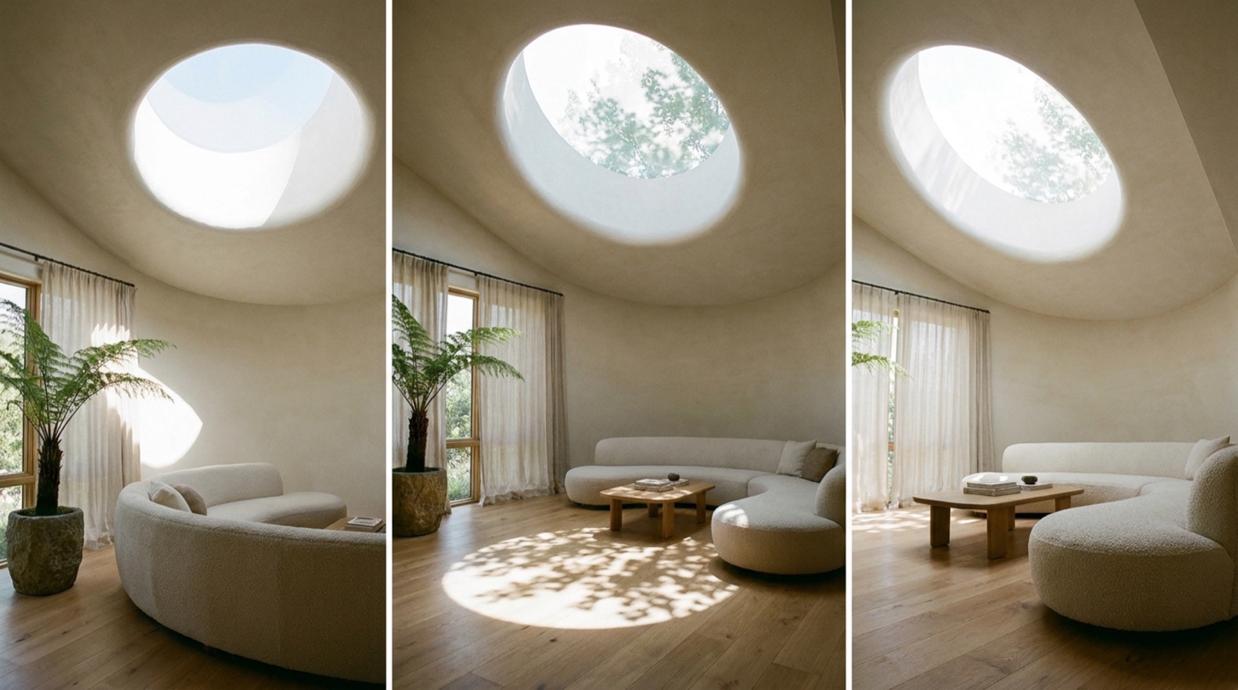 A living room lit by three skylights
