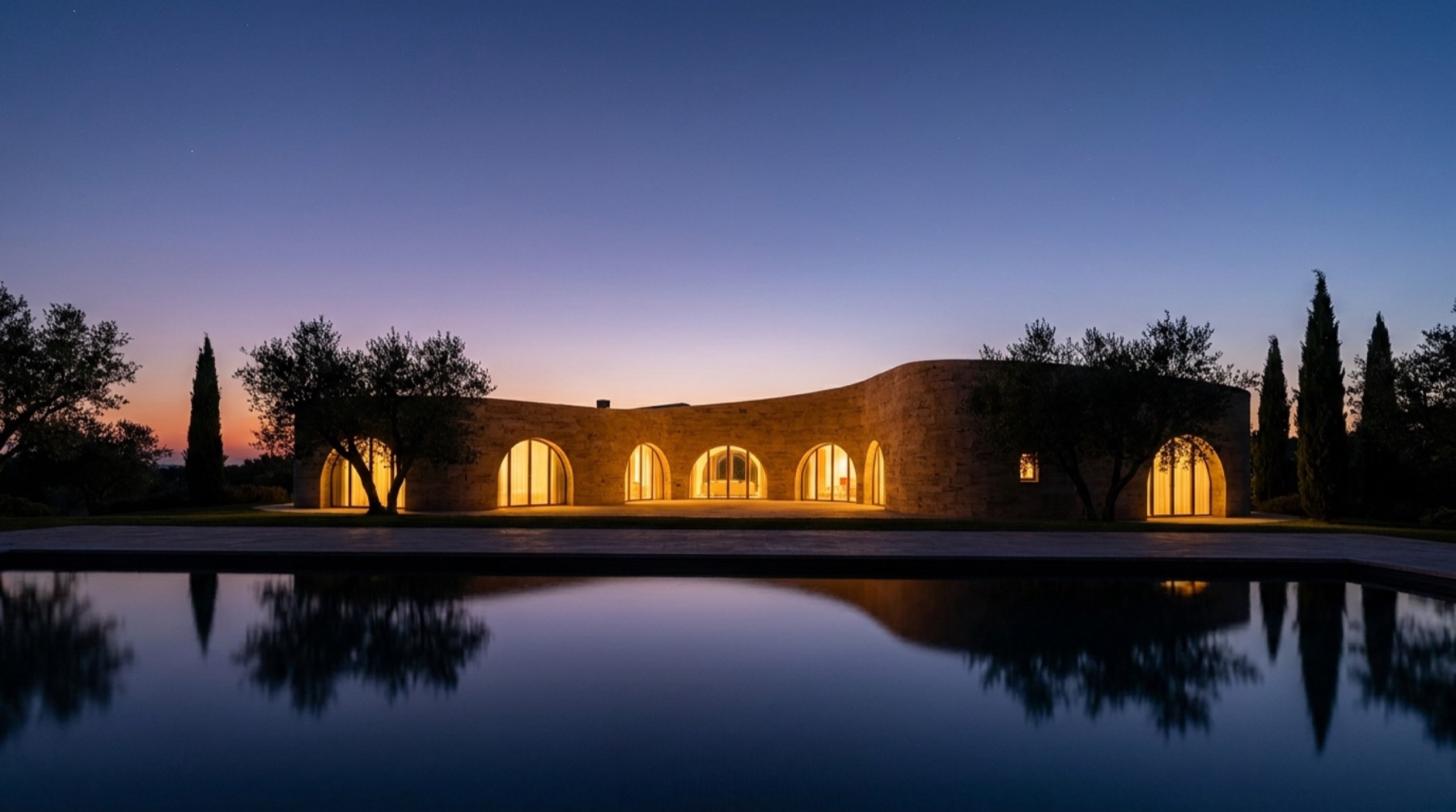 A curved stone house at dusk, its arched windows lit, beside a still pool