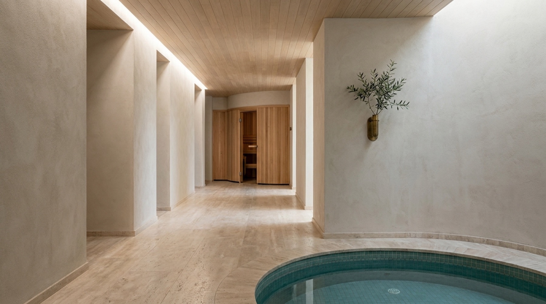 A lime-plaster corridor in soft cove light, travertine underfoot, an olive sprig in a brass wall vessel