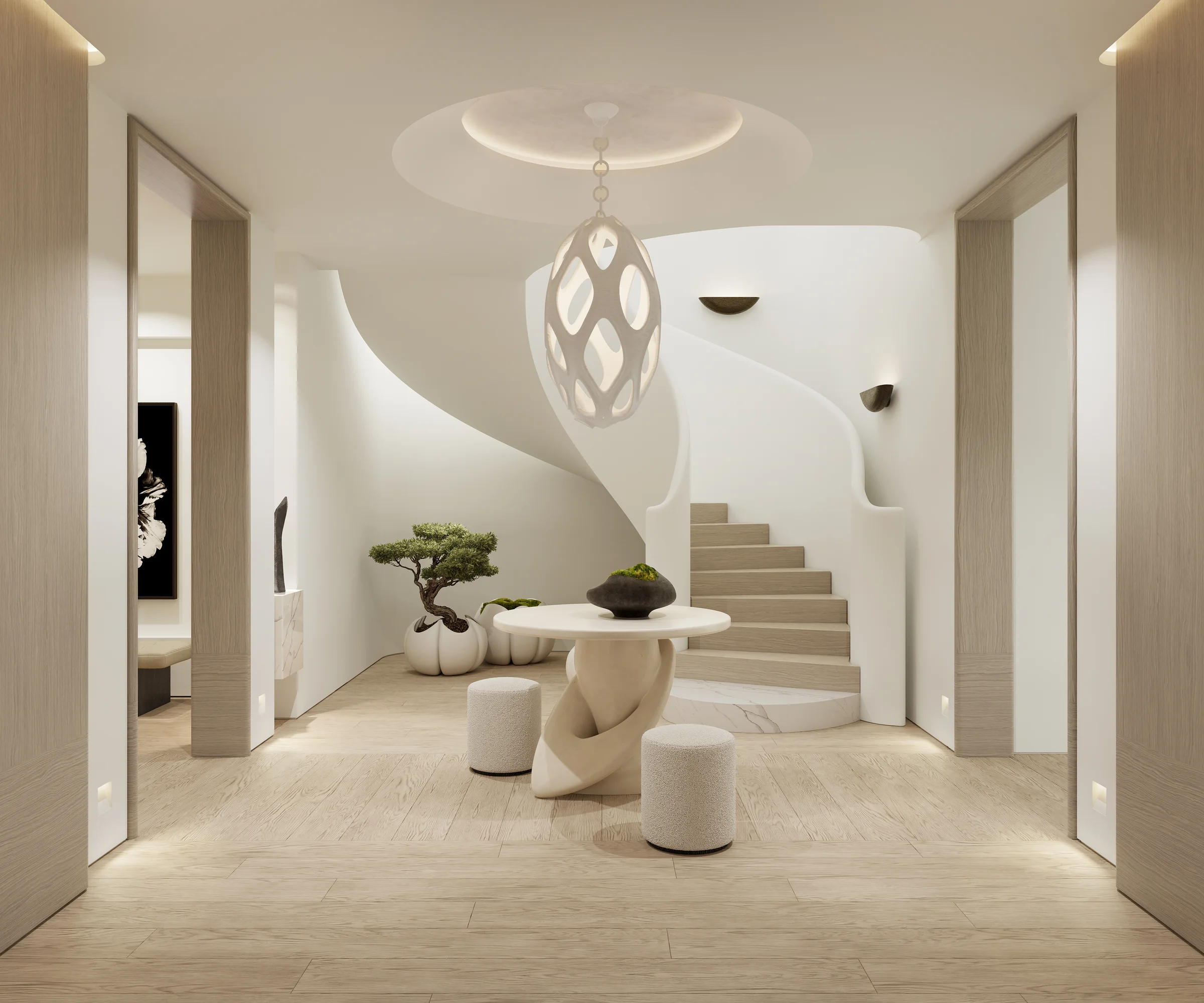 Travertine hallway with vertical oak wardrobe panels and a sculptural overhead light
