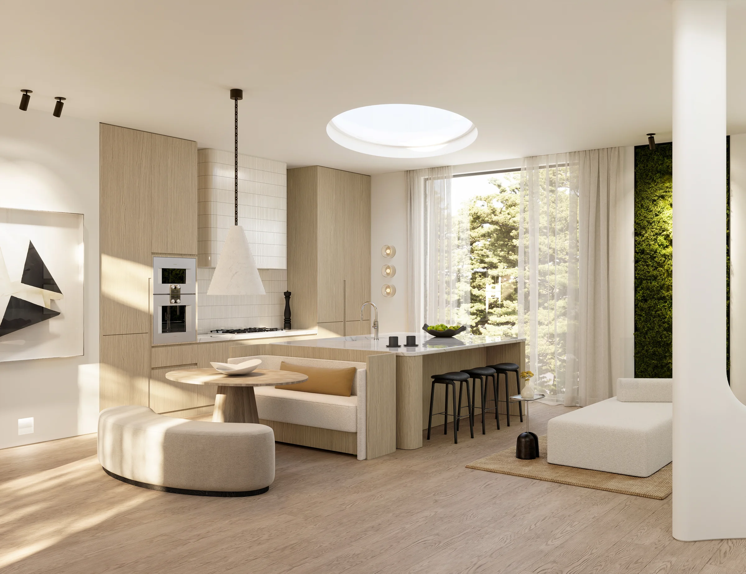 Cream-and-oak kitchen with white pendant, oval skylight, biophilic moss wall, and a stone island