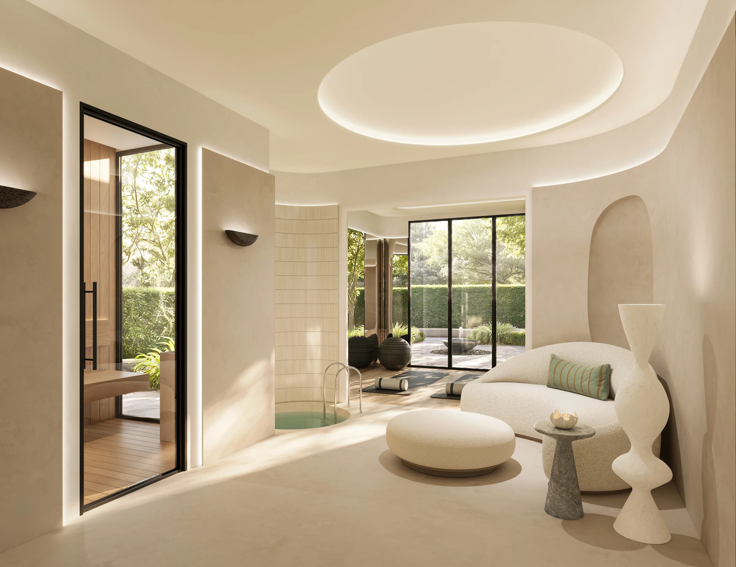 Curved cream wellness room with oval ceiling cove, sculptural sofa, plunge pool through tall glass doors