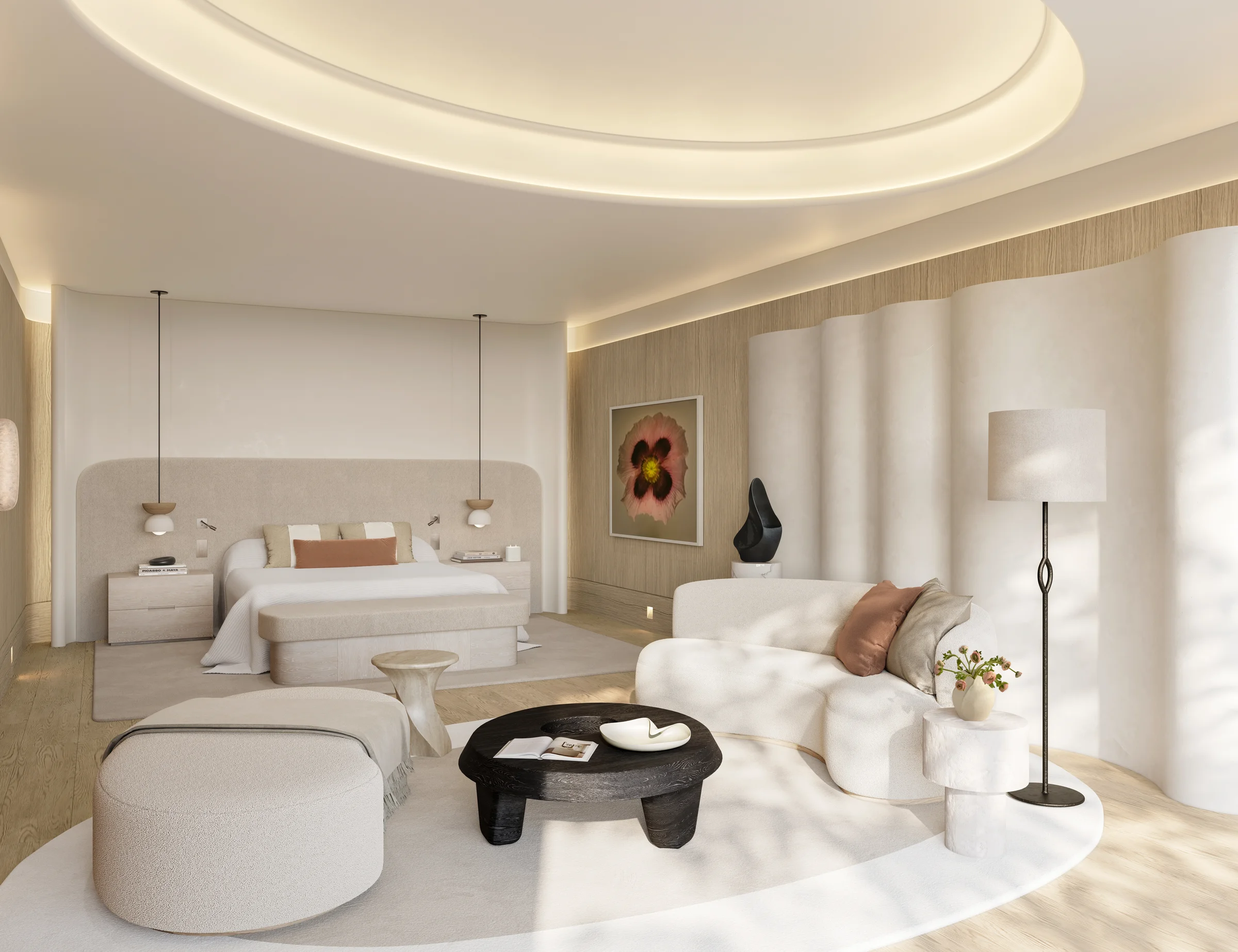 Cream-linen platform bed beneath an oak headboard, sheer curtains, pale travertine floor