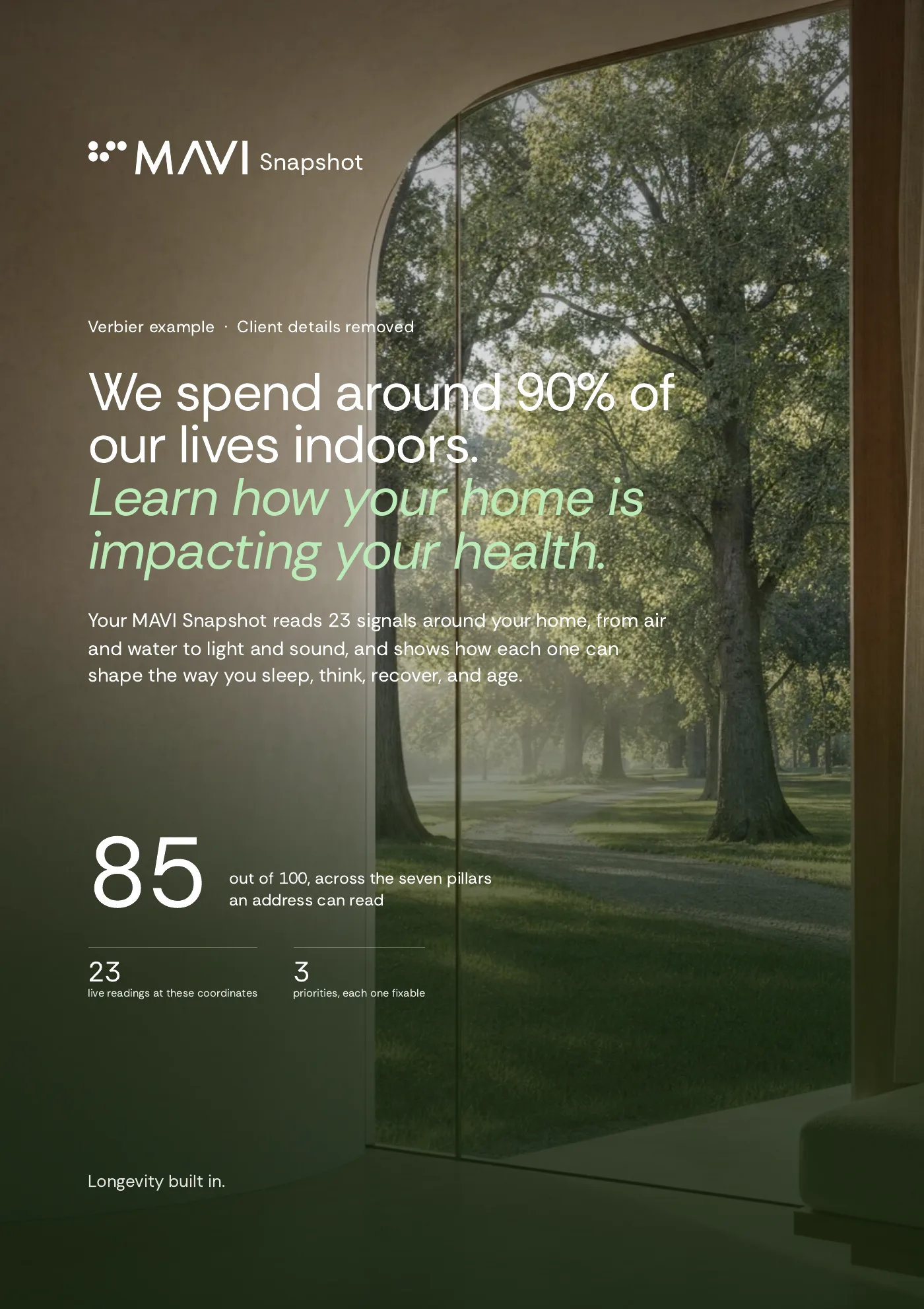 The front page of an example MAVI Snapshot for a home in Verbier, with its overall score of 85 out of 100.